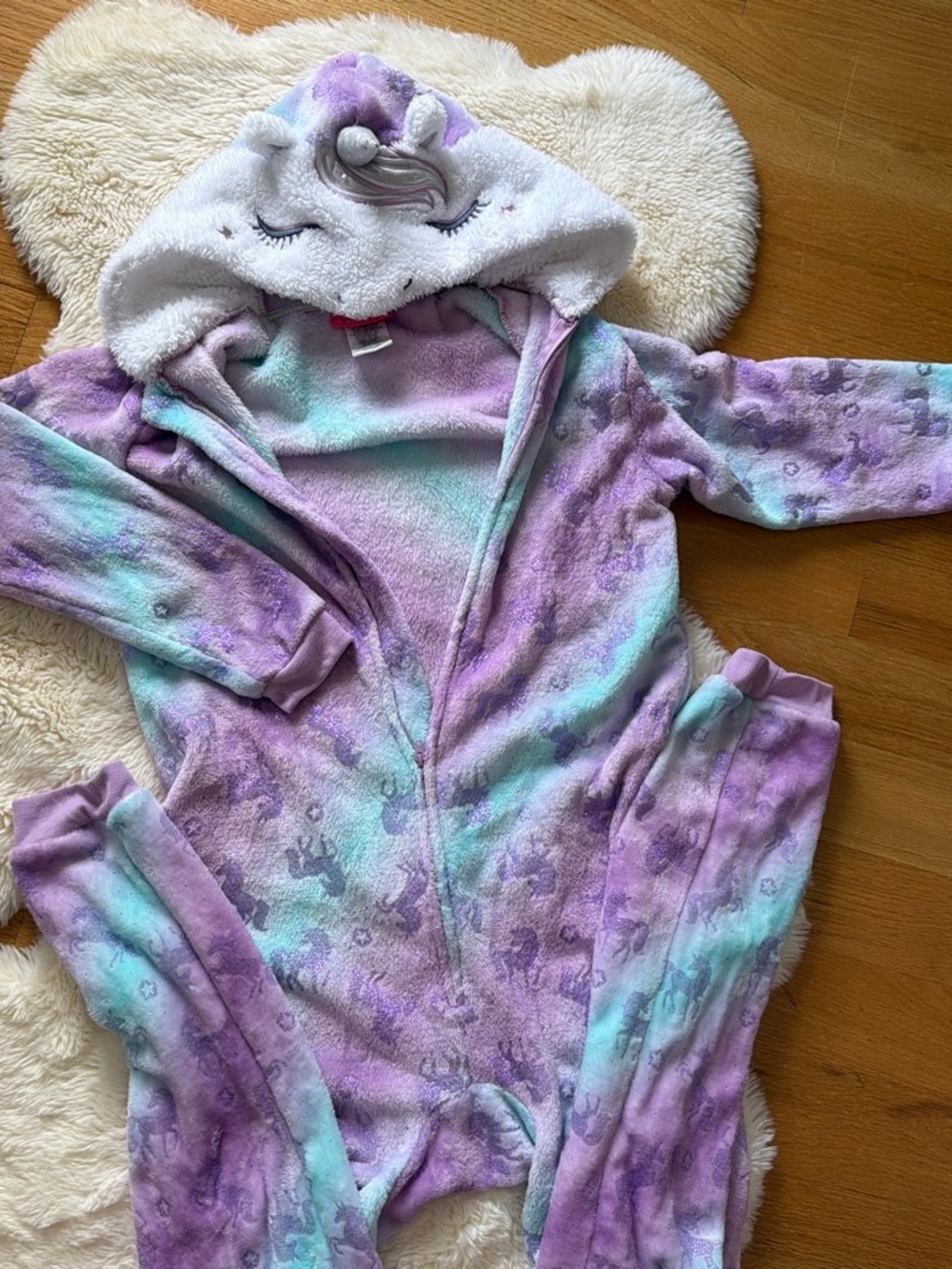 Kids Unicorn Hooded One-Piece Pajamas in Lavender & Mint